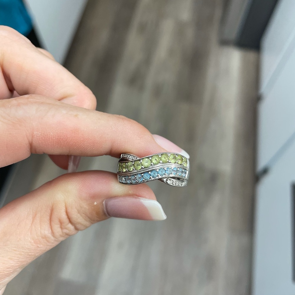 Blue and green topaz ring with diamond accents